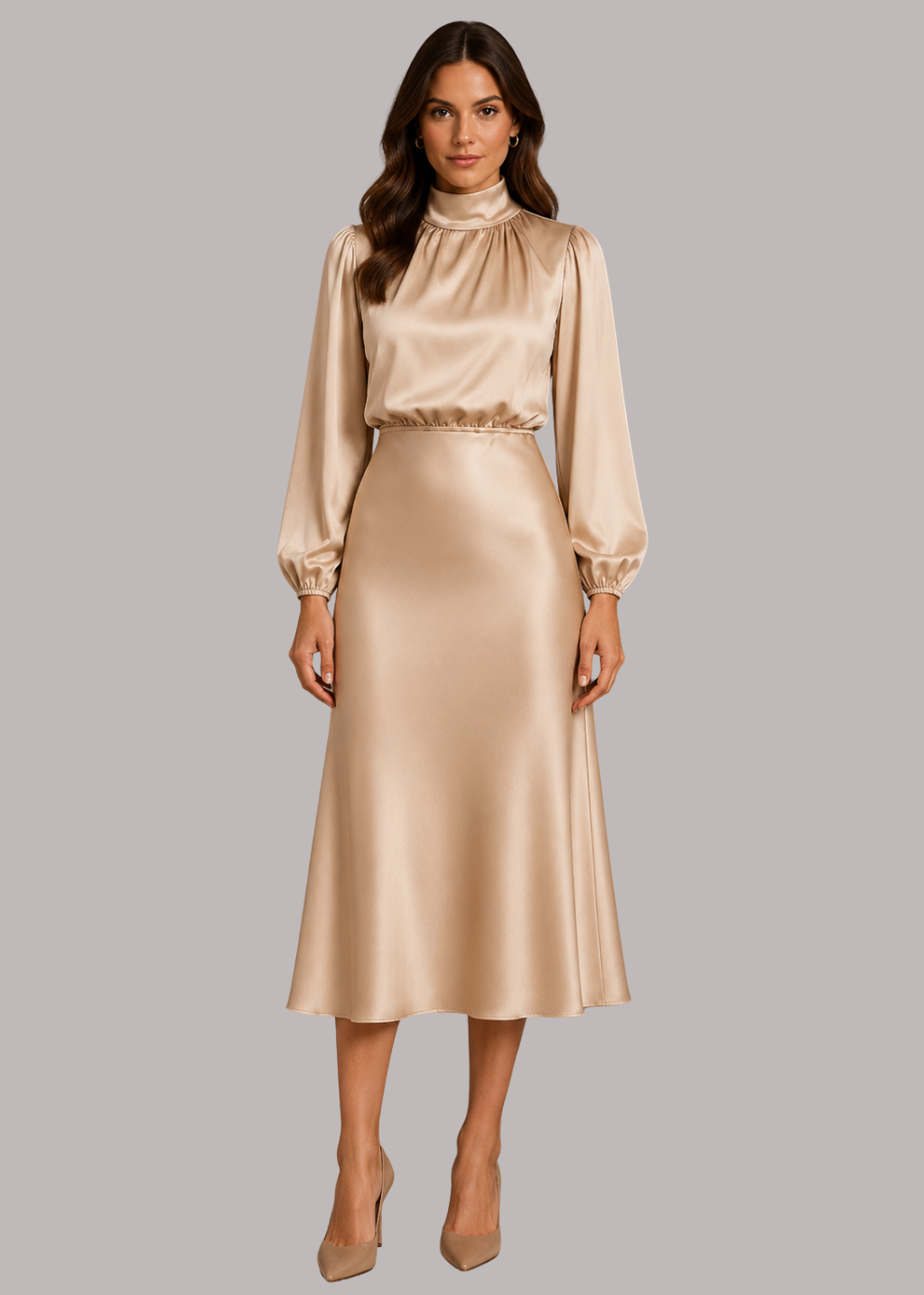 satin midi dress with sleeves Ivy White Formal Dresses 2026 parent:jasmine-halter-mini-dress Material:100% Polyester Size medium measures 48.5